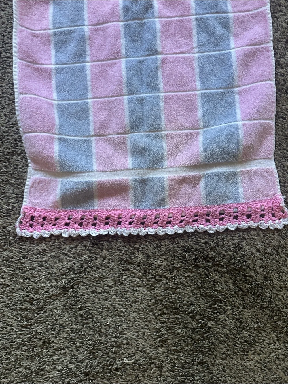 Pink and Gray Check Crochet-Trim Hand Towel